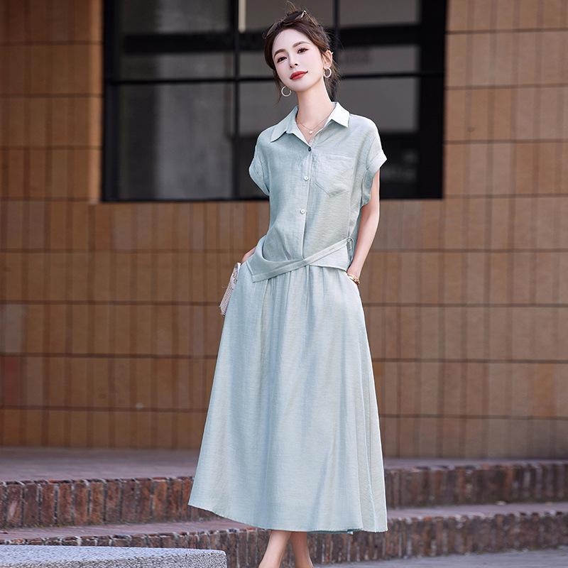 

Модный комплект из легкой рубашки и юбки из лиоцелла и льна для женщин, новый комплект из двух предметов, демонстрирующий темперамент и повседневный стиль XL светло-синий