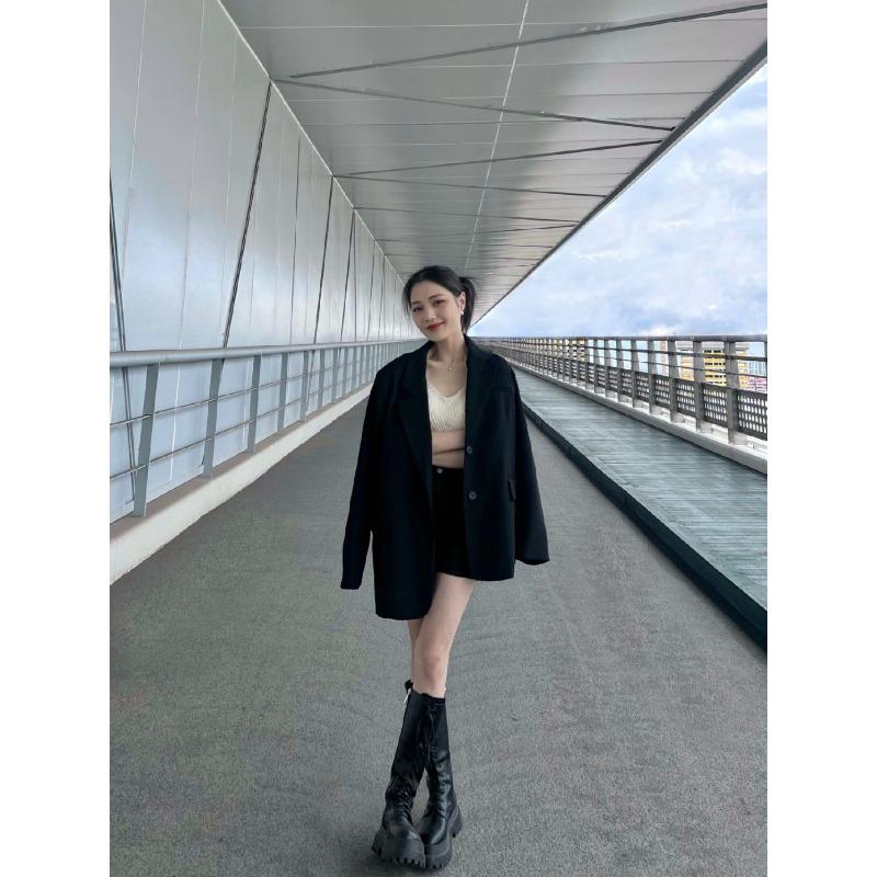 Damen Schicker Schwarzer Blazer Frühling Herbst Lässig Locker Geschnitten Slim Koreanischer Stil Kleine Größe Trendige Jacke