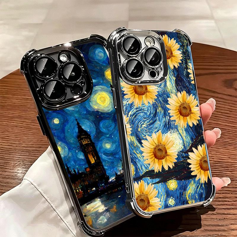 Starry Night Van Gogh Art Soft Phone Case For iPhone 15 16 17 Air 14 Pro Max 16E Plus 13 12 Mini Plating Anti-Fall Fundas