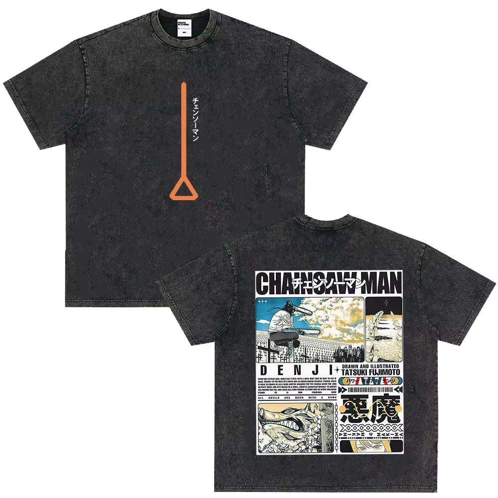 Unisex Vintage Washed Streetwear Short Sleeve T-Shirt, Men's Pure Cotton Tee with Manga Print of Future Devil from Anime Chainsaw Man