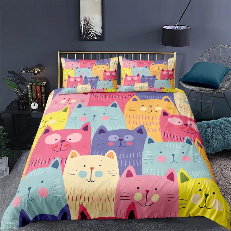 Kawaii Animal Duvet Cover Cute Cat Bedding Set For Girls Boys Kids, Pet Theme Cartoon Kitten Comforter Cover Lovely Cat Bed Set