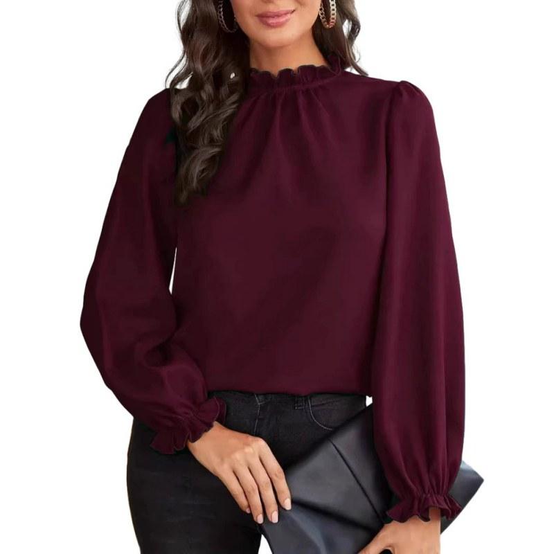 Women's Lace-Trimmed High-Neck Long-Sleeve Top Blouse
