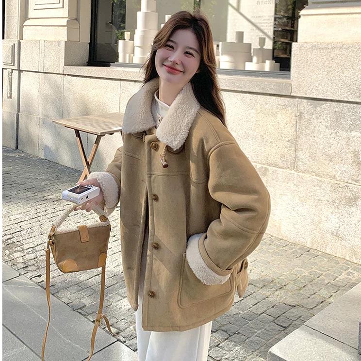 

2025 Winter Women s Khaki Shearling Coat - Korean Style, Fleece-Lined, Thick Imitation Lamb s Wool S (85-105 jin)