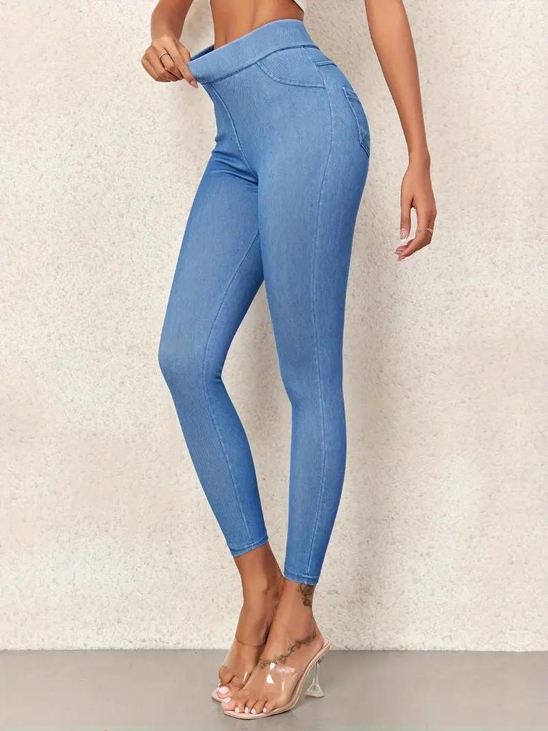 European-Style Faux Denim Yoga Pants: Slimming, High-Waist, Tummy Control, Leg-Lifting, Hip-Enhancing with Pockets.
