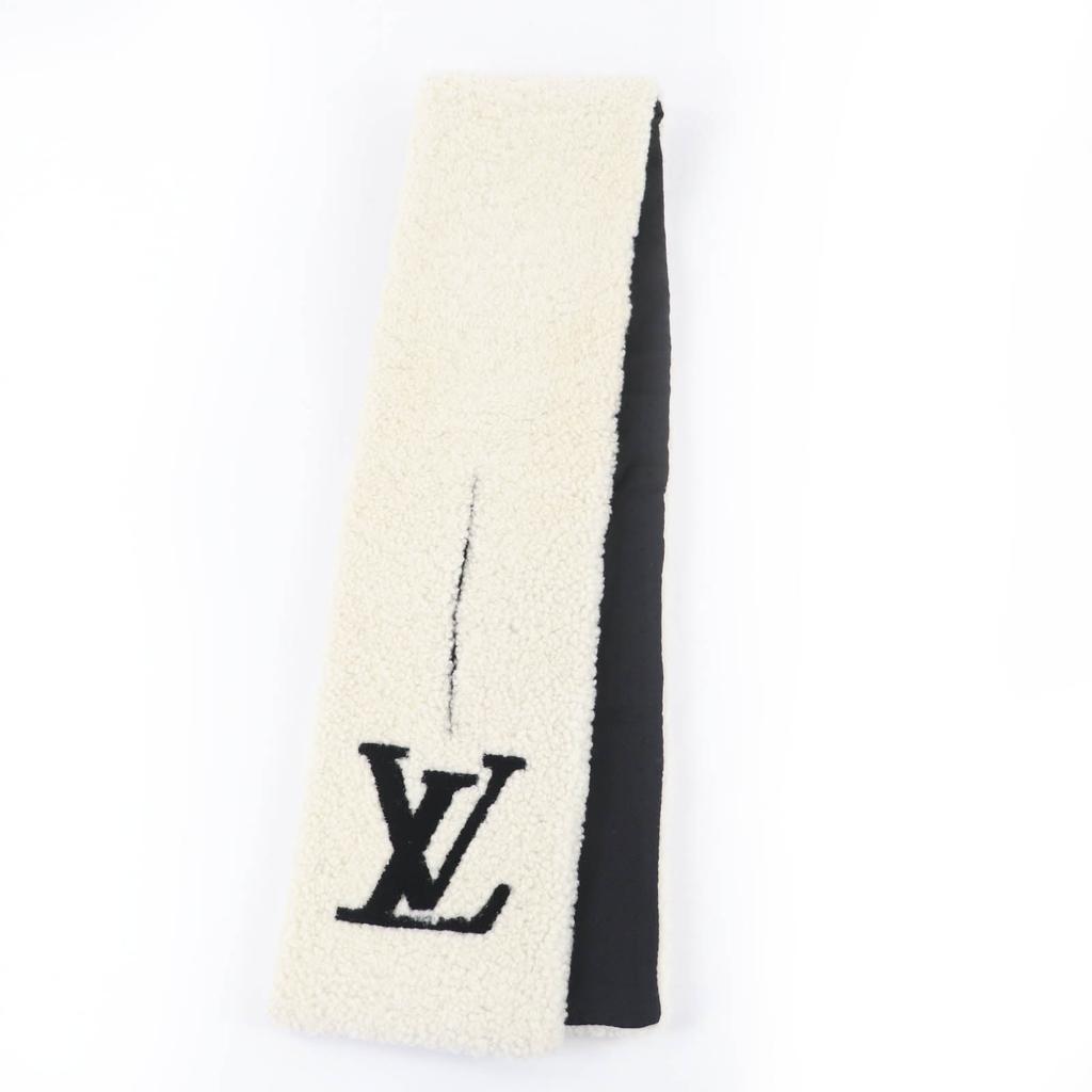 Great LOUIS VUITTON Scarf LV logo shearling mouton Ivory Sheep leather M77054 Used
