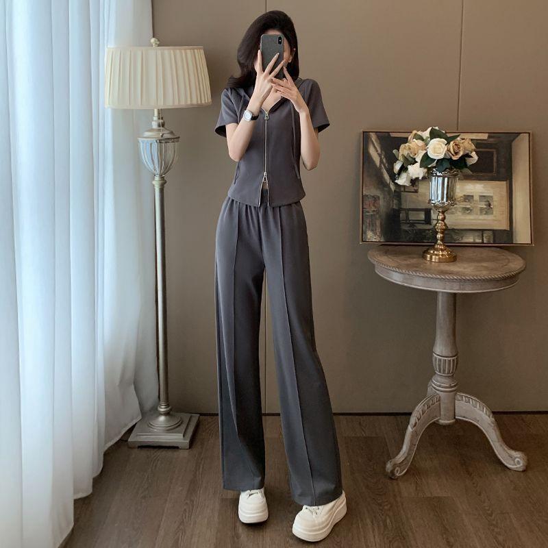 Xiaoxiangfeng Sports Suit Women's Summer Fashion Hooded Short-sleeved Top Wide-leg Pants Two-piece Set