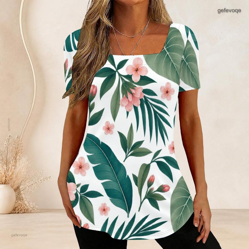 Women Plus Size U Neck Short Sleeve Tropical Leaf Printed White Curved Hem T Shirt