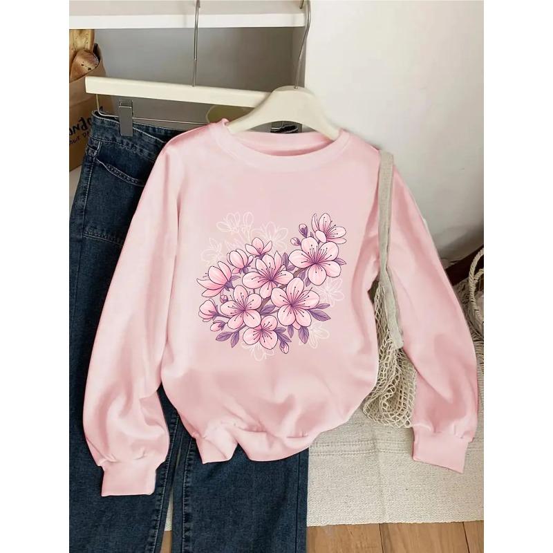 Unisex Crewneck Sweatshirt - Pink Cherry Blossom Floral Pattern Machine Washable, Spring And Autumn, Sportswear And Casual Wear, Soft And Comfortable