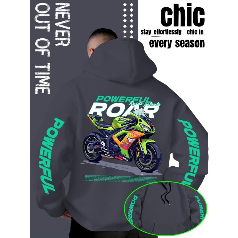 Men's "Biker Personality Motorcycle Party" Hooded Sweatshirt with Full-Print Colorful Motorcycle Lettering.