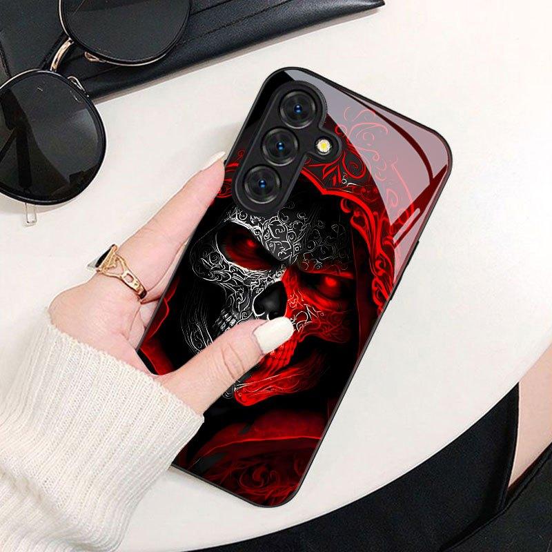 Deep skull red flame pattern glass phone case suitable for Samsung Galaxy S26 S25 S24 S22 S21 S20 FE/Ultra/Plus anti drop