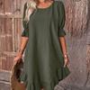 Women's Retro Cotton Linen Mid-Sleeve Round Neck Ruffle Dress