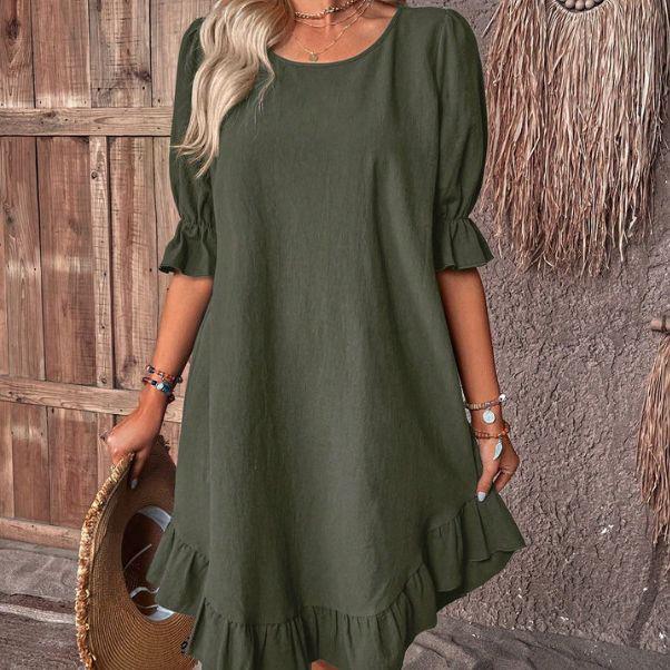 Women's Retro Cotton Linen Mid-Sleeve Round Neck Ruffle Dress