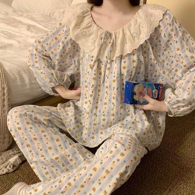 Women s Cloud Cotton Pajamas with Lace Trim - Sweet Big Lapel, Round Neck for Spring and Autumn M-L