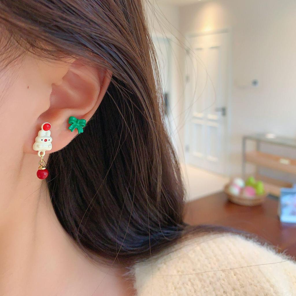 Silver Needle Snowman Santa Bow Stud Earrings - Festive Cartoon Design for Women