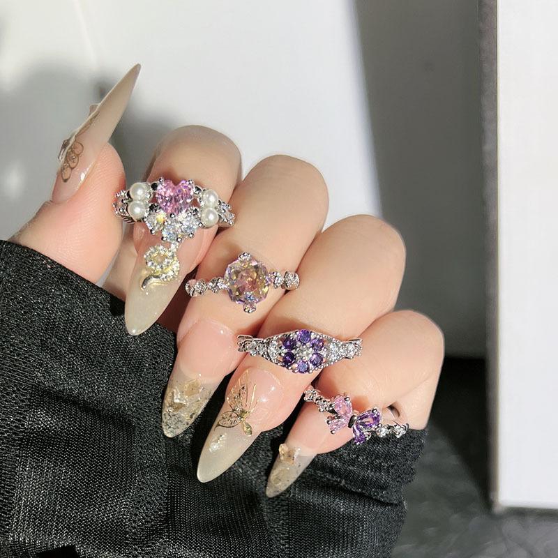 Dream sweet and cool wind butterfly love pink and purple colored diamonds cold wind light luxury open ring women stack and wear high-end rings