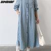 DIMANAF vestido de talla grande para mujer 2023 nuevo estilo de verano estampado a cuadros Maxi de gran tamaño cuello redondo básico suelto vestidos largos