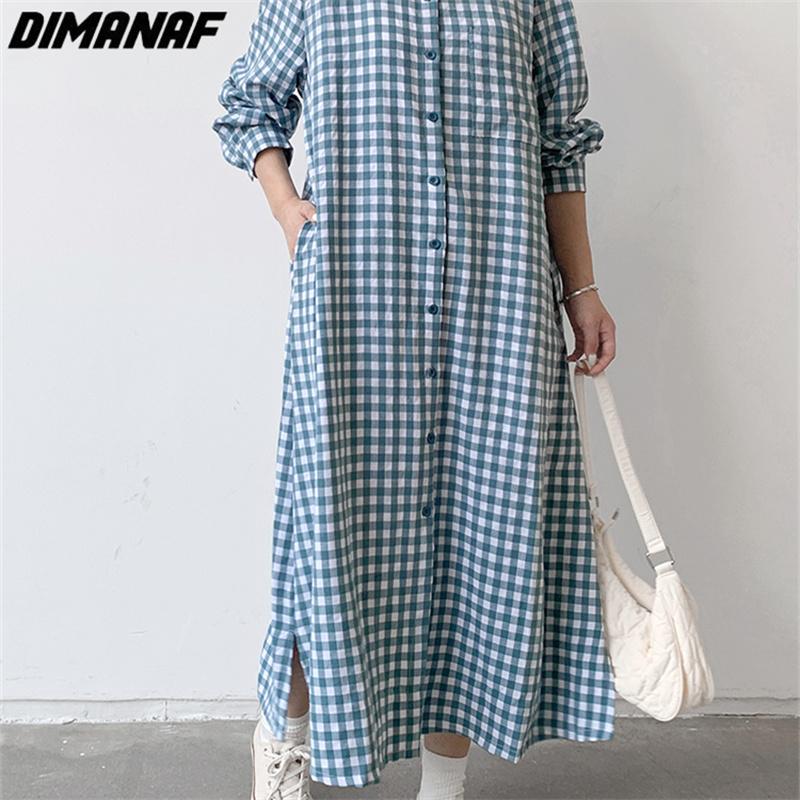 DIMANAF vestido de talla grande para mujer 2023 nuevo estilo de verano estampado a cuadros Maxi de gran tamaño cuello redondo básico suelto vestidos largos