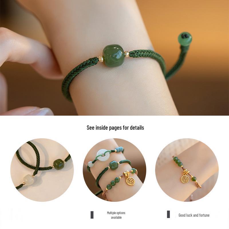 Hetian Jade Women's Bracelet - Adjustable Woven Rope with Single Bead and Peace Buckle - Light Luxury Good Luck Charm, Perfect Gift for Best Friends.