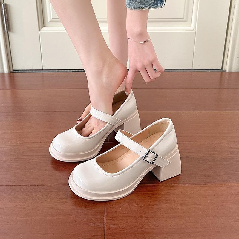 Mary Jane High Heels Spring and Autumn One-word Buckle Belt Square Head Patent Leather Temperament Thick Heel Waterproof Table Single Shoes