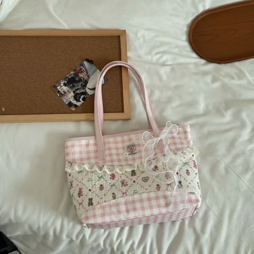

JIAERDI Sweet Cute Pink Plaid Tote Bag Women Harajuku Romantic Lace Detail Shoulder Bags Female Large Capacity Casual Handbag 31x27x10cm рожевий