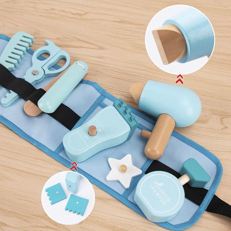 Kids Pretend Play Toy Wooden Simulation Hair Cutting Bag Role Playing Educational Toys 3-6 Year Old Children's Waist Bag Set
