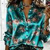 Dames Satin Lange Mouwen Shirt Vintage Roze Bloemenprint Blouse Kraag Enkelrijig Los Kantoor Tops