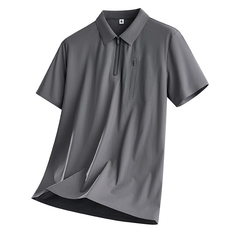 Men s Army Green Quick Dry Zip Pocket Lapel Short Sleeve Outdoor Polo Shirt M серый