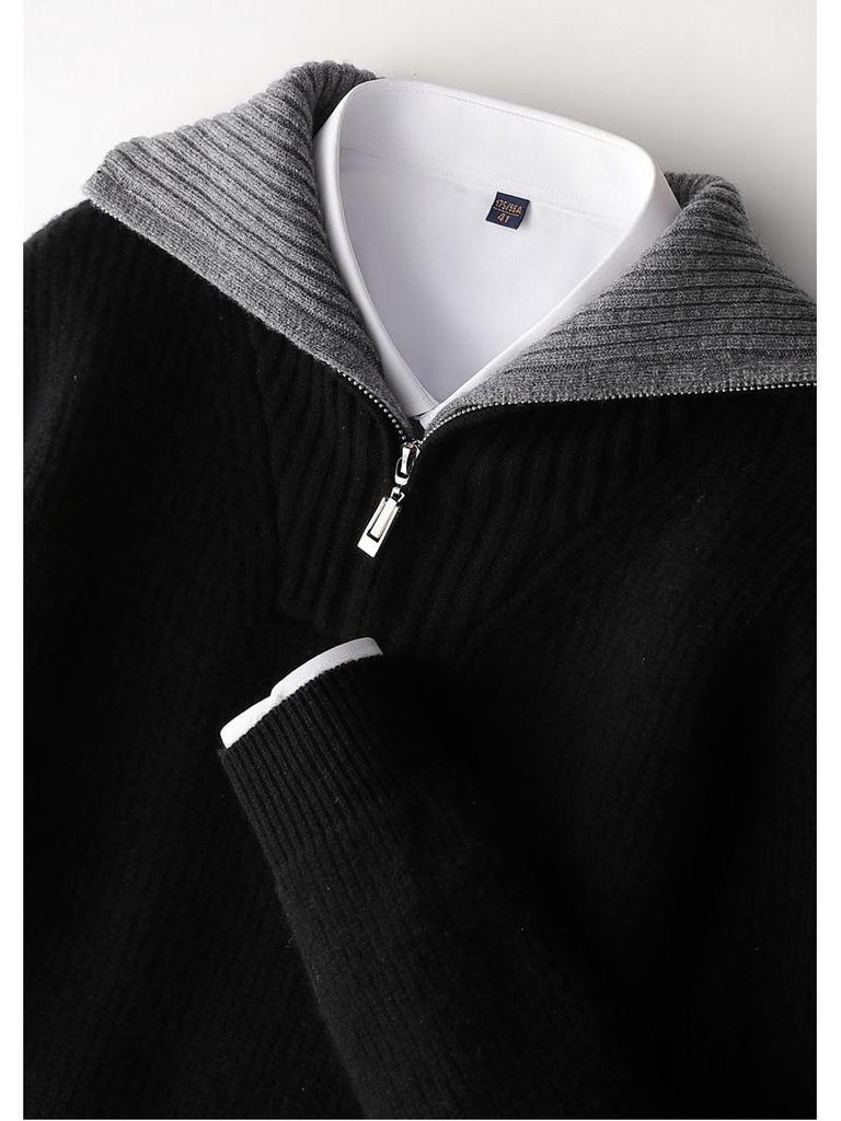 Men's Fashion Versatile Half-Zip 100% Wool Color Block Sweater