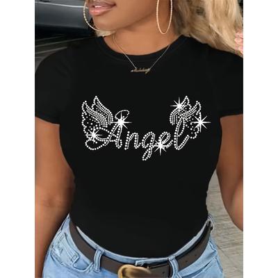 European Size Womens Angel Wing Letter Print T Shirt Short Sleeve Round Neck Casual Medium Stretch Fabric Daily Wear Machine Washable Angel Themed Top