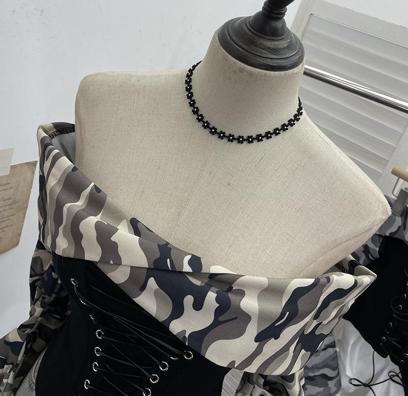 American Retro Camouflage Lace-up Pleated Shirt