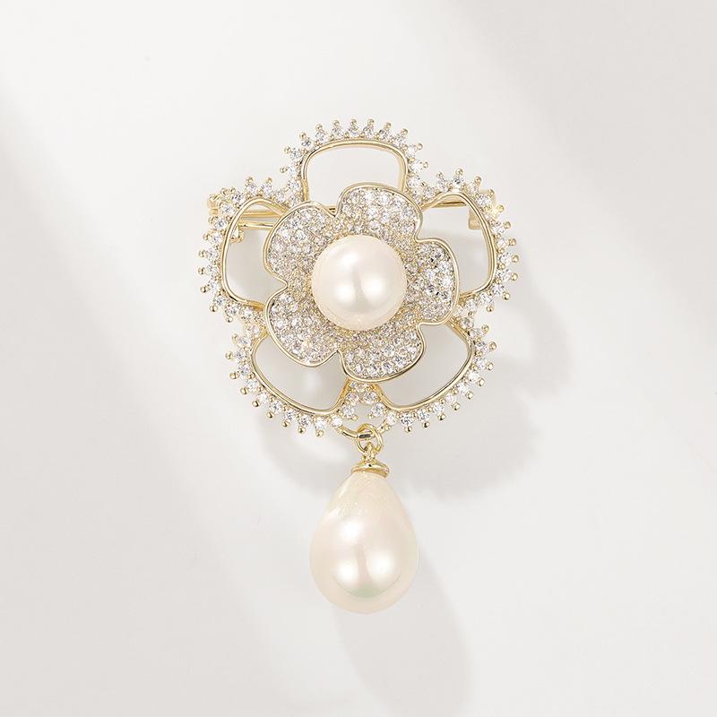 Elegant Camellia Brooch with Zirconia and Pearl Accents for Women