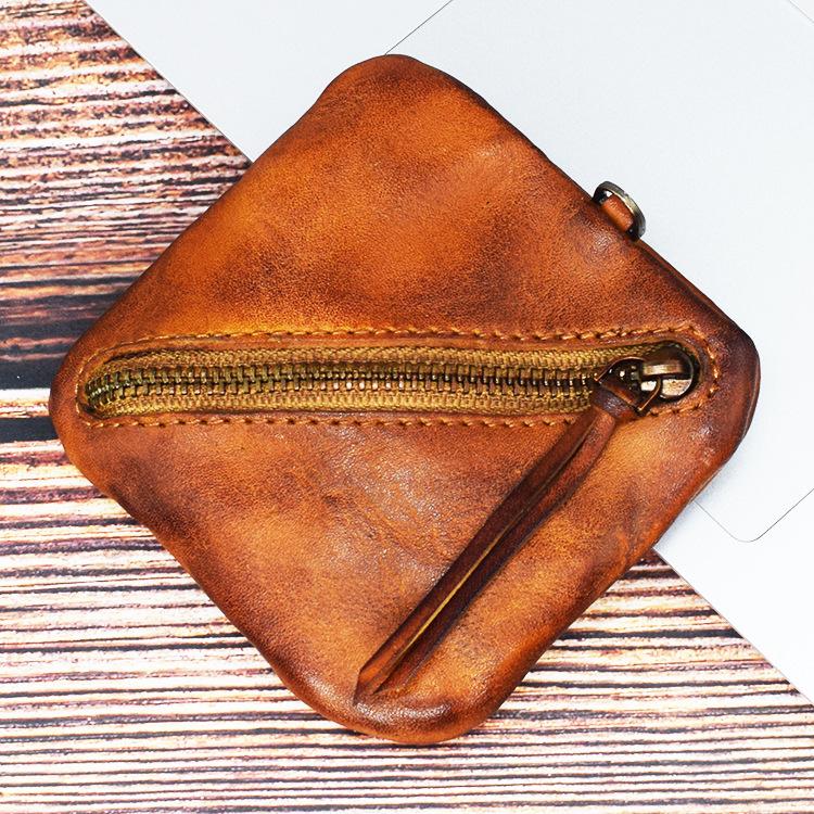 Première Couche Cuir de Vachette, Cuir Tanné Végétal, Fermeture Éclair Simple et Créative, Porte-Monnaie, Coloration Faite à la Main, Mini Sac Vintage