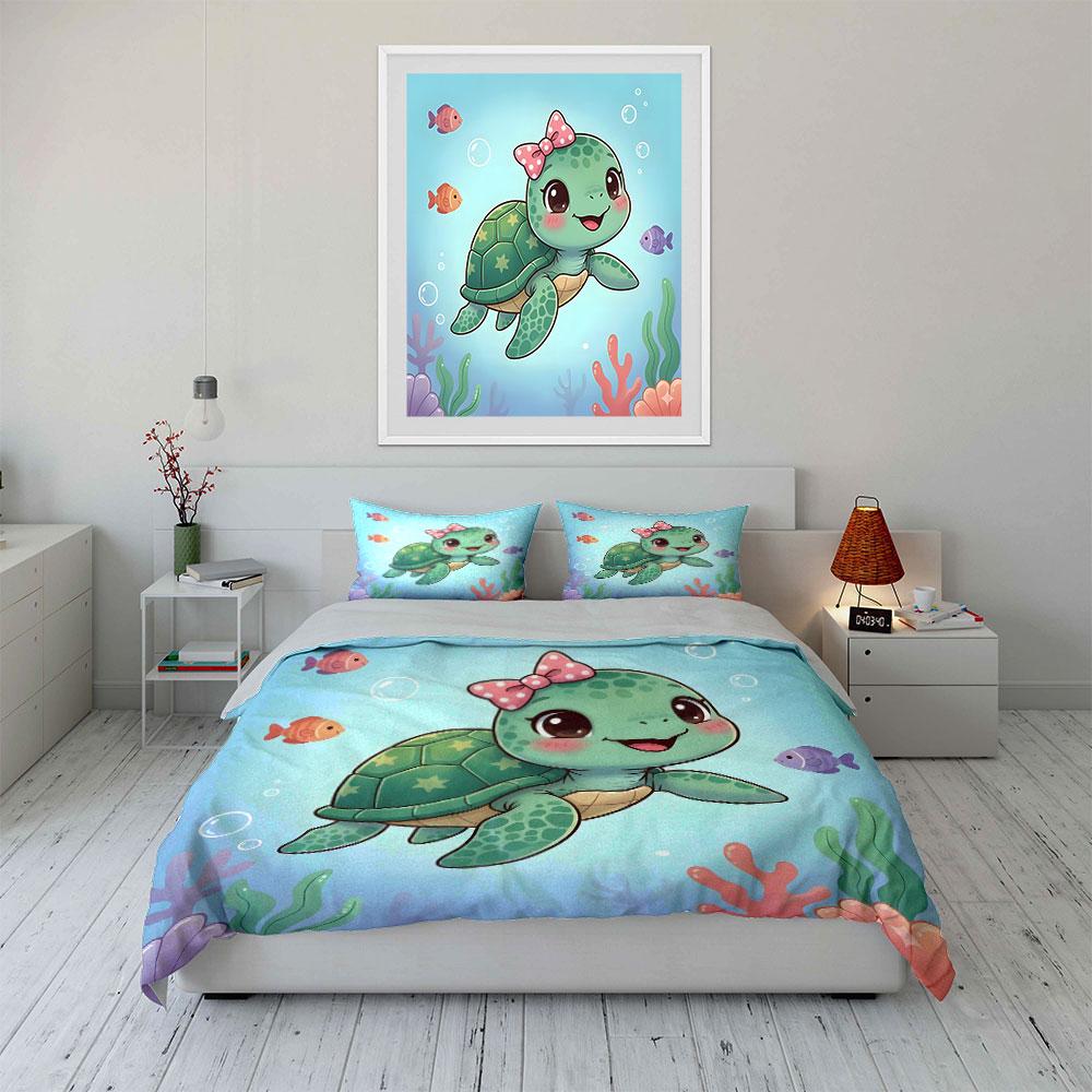Cute Green Turtle Underwater Print Bedding Set 1 Duvet Cover 2 Pillowcases For Adult And Children Luxury Gift Full Size