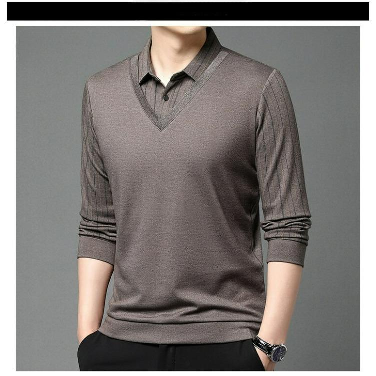 Men s Fake Two-piece Striped Polo Shirt Spring and Autumn Men s Loose Lapel Long-sleeved Shirt T-shirt S