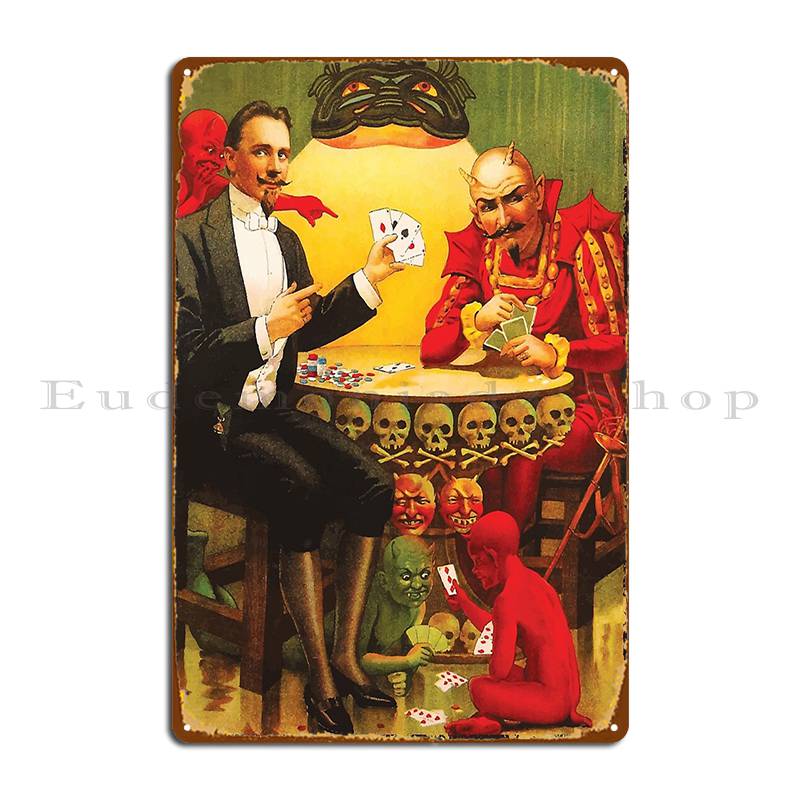 Magician Playing Cards With The Devil Vintage Poster Metal Plaque Poster Create Wall Create Funny Kitchen Tin Sign Poster 20X30CM