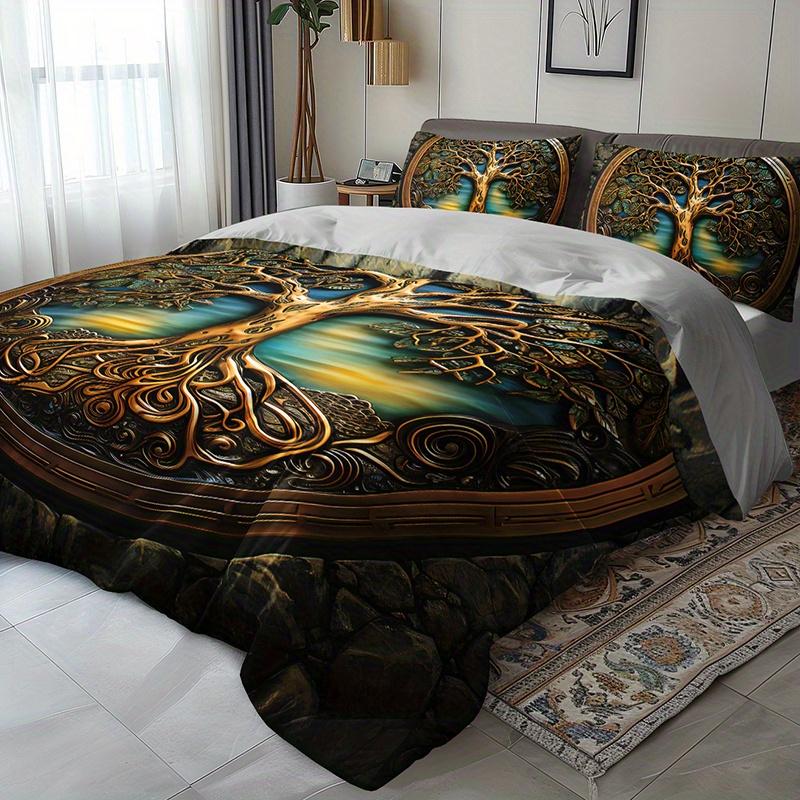 3-teiliges Baum des Lebens Bohemian Bettwäsche Bettbezug-Set Goldener Baum Bettwäsche Quilt-Set Bohemianisches Themenbett Quilt-Set Luxus Schlafzimmer