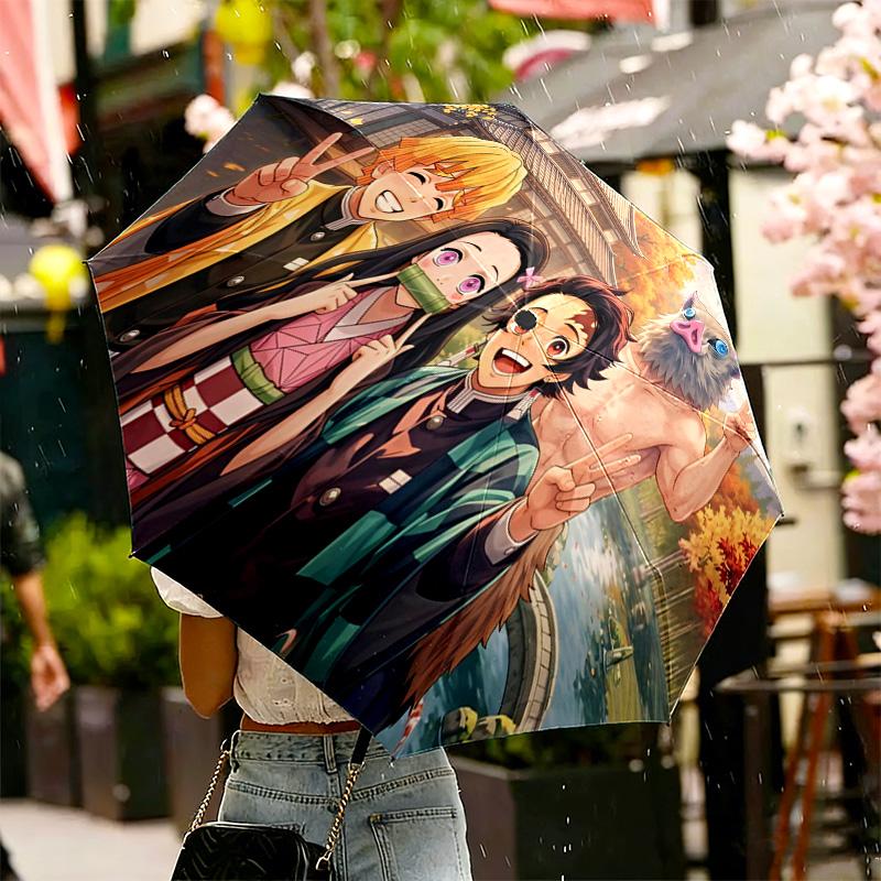 Demon Slayer Druckschirm Automatisches Öffnen/Schließen - Tragbares faltbares Design - Tägliche Nutzung für Reisen/Outdoor - Geschenk zum Geburtstag