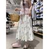 Qooth Elegant Women A-line Floral Ruffle Skirt Wide Hem Mid Length Casual Sweet Skirt QT2622
