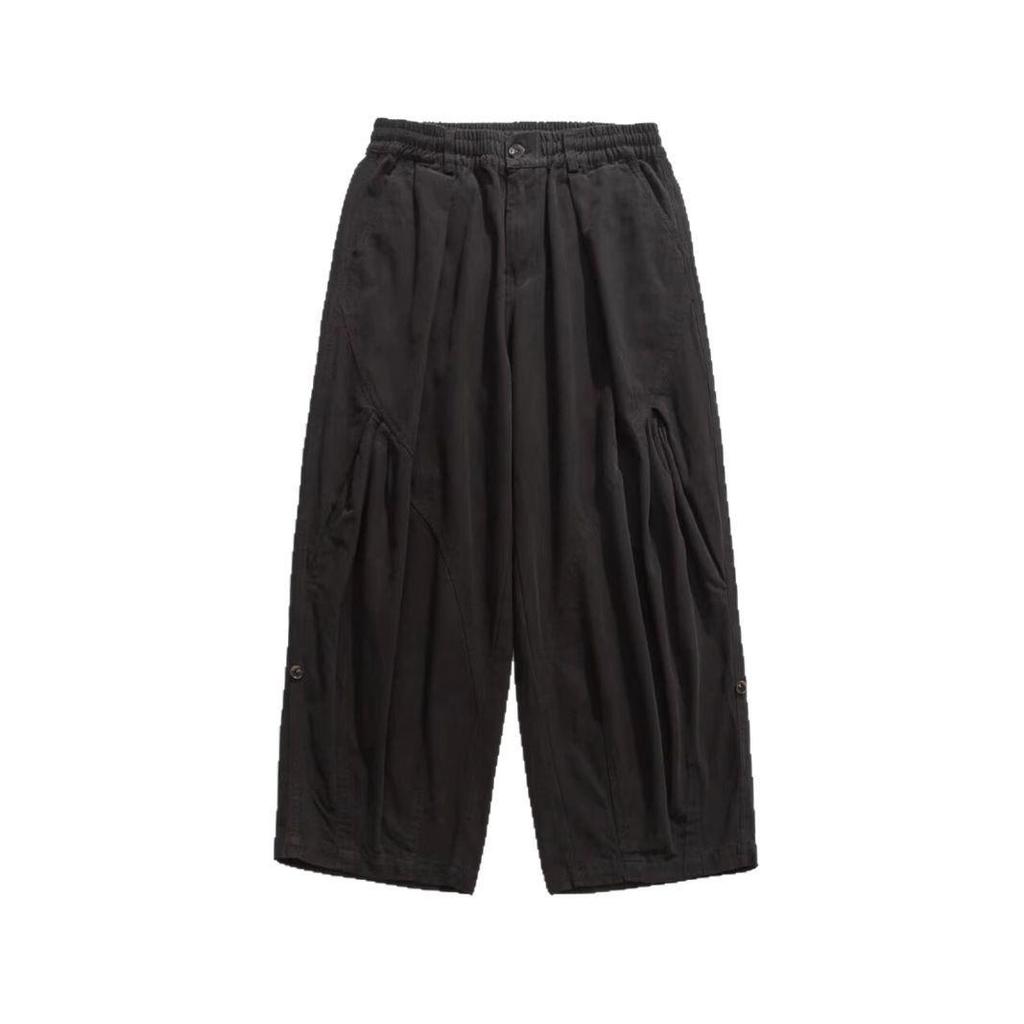 Fat Brother Men's Wide Leg Retro Pleated Pants: Elastic Waist, Loose Fit, Floor-Length, Hong Kong Style for Spring & Autumn
