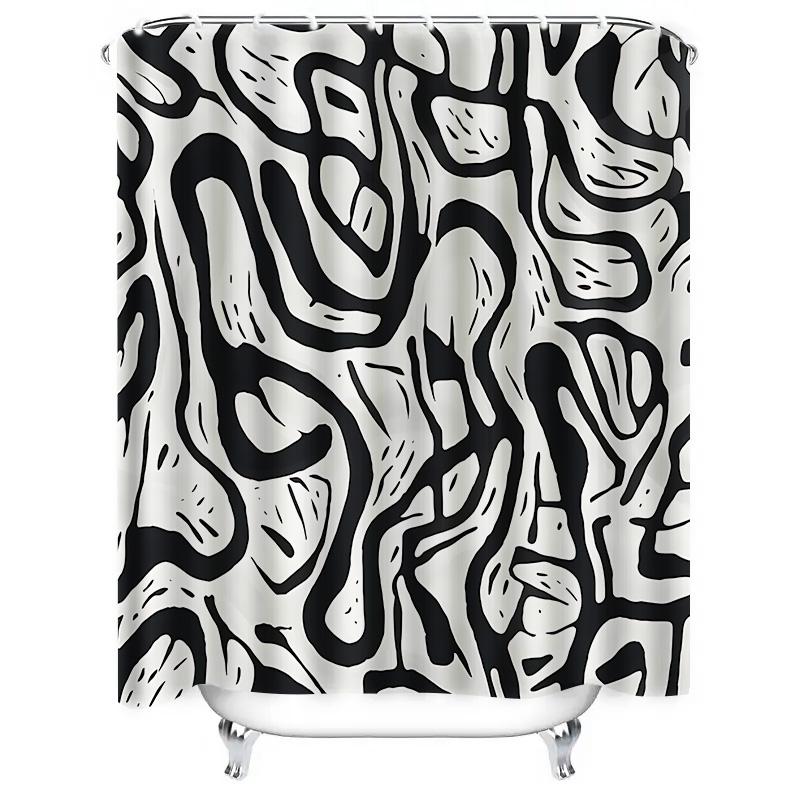 Fashionable Black White Abstract Pattern Waterproof Mildew Resistant Easy Clean Bathroom Decor Curtain Easy To Clean & Maintain