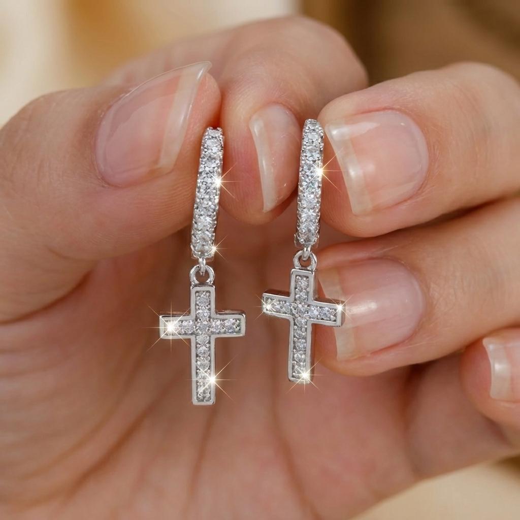 Exquisite Shiny Inlaid Zirconia Cross Pendant Earrings for Women Gold Plated Hoop Earrings Christian Religious Party Jewelry