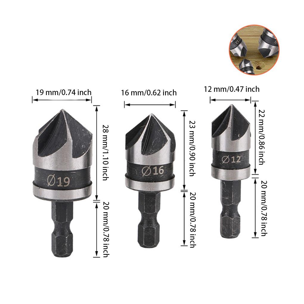 3pcs 90-degrees Chamfer Drill Bit Set Rustproof 5 Flute Wood Working Tool Lightweight Wear-resistant Countersink Drills Bits