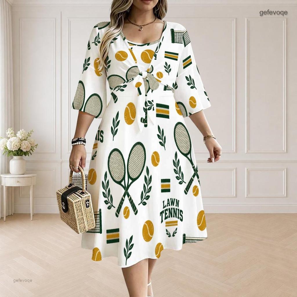 Women Plus Size Sleeveless Two Piece Midi Dress Set Tie Front V Neck 3 4 Sleeve Hiking Print White