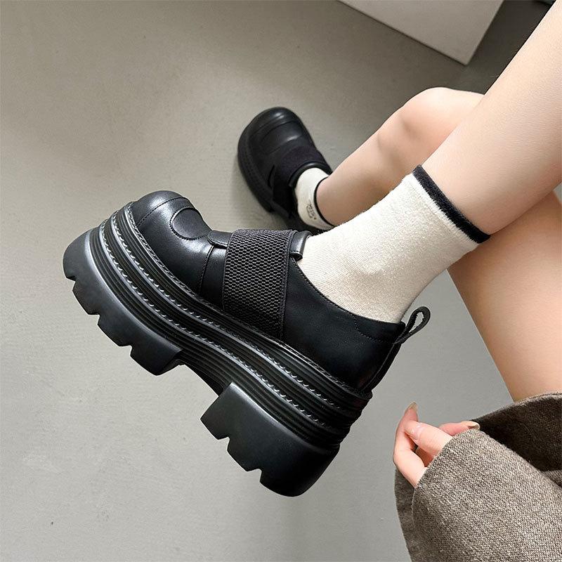 Women's Gothic Round-toe Platform Black Leather Casual Shoes, High Heels, Spring Trend, Fashionable Footwear.