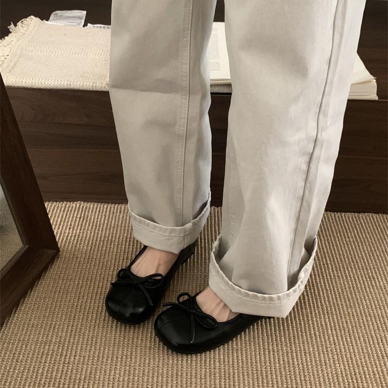 Retro soft-soled ladyshoes bow shallow mouth square head flat-soled single shoes women's shoes 2025 spring new ballet shoes