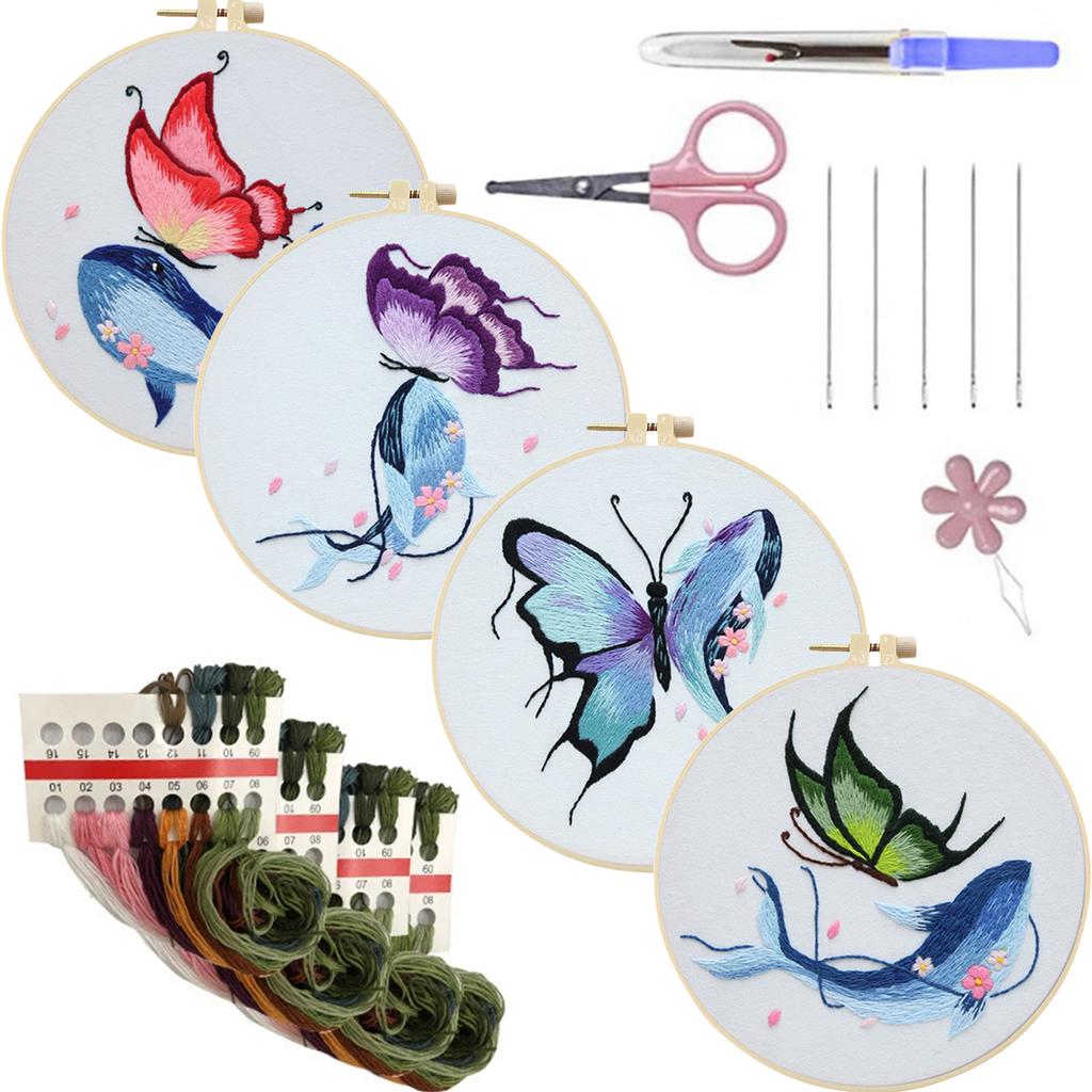 4 Pack Animal DIY Embroidery Kit with Embroidery Hoop Embroidery Starter Kit for Beginners Adults Hand Craft Lover Gift