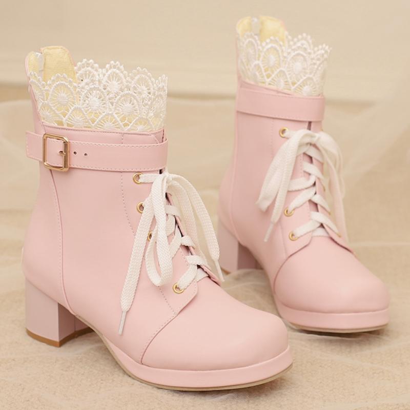 Ankle Boots for Women Lolitas Autumn Winter 2024 Black White Short Boot Low Heels Footwear Shoes Ladies Waterproof Large Size