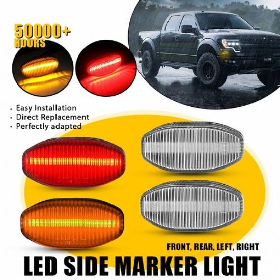 4x Clear Side Bumper Marker Lights Amber Red LED For 2010-14 Ford F-150 Raptor A