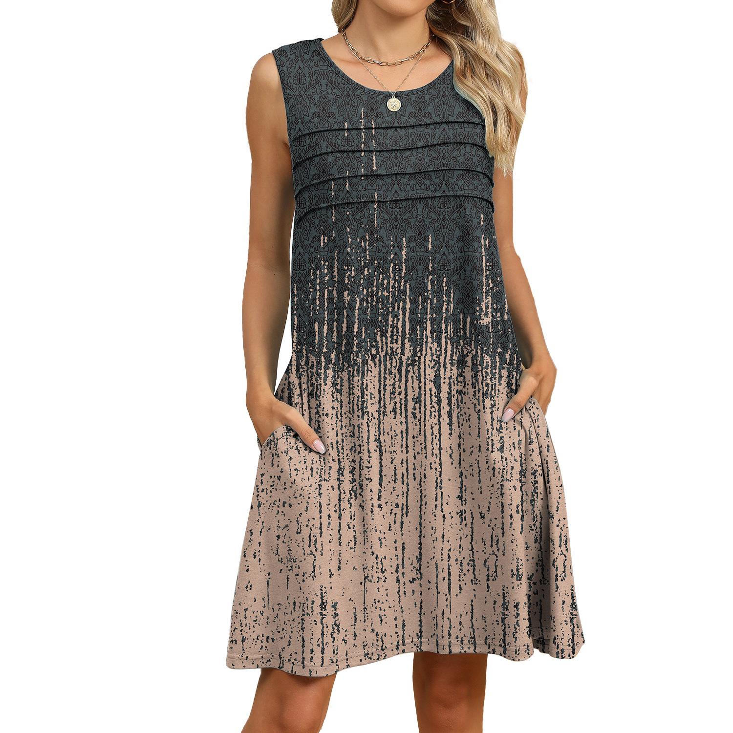 

Весна и лето Новое свободное платье с карманами и принтом Повседневное женское платье 2XL серый/хаки