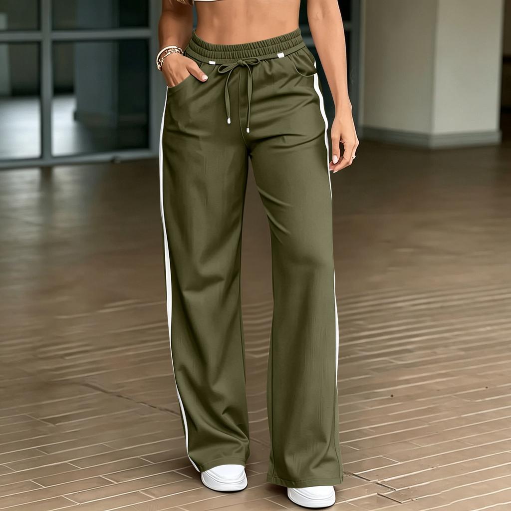 Women's High Waist Straight Leg Casual Pants with Tie Front and Patchwork - Loose Fit Color for Everyday Wear
